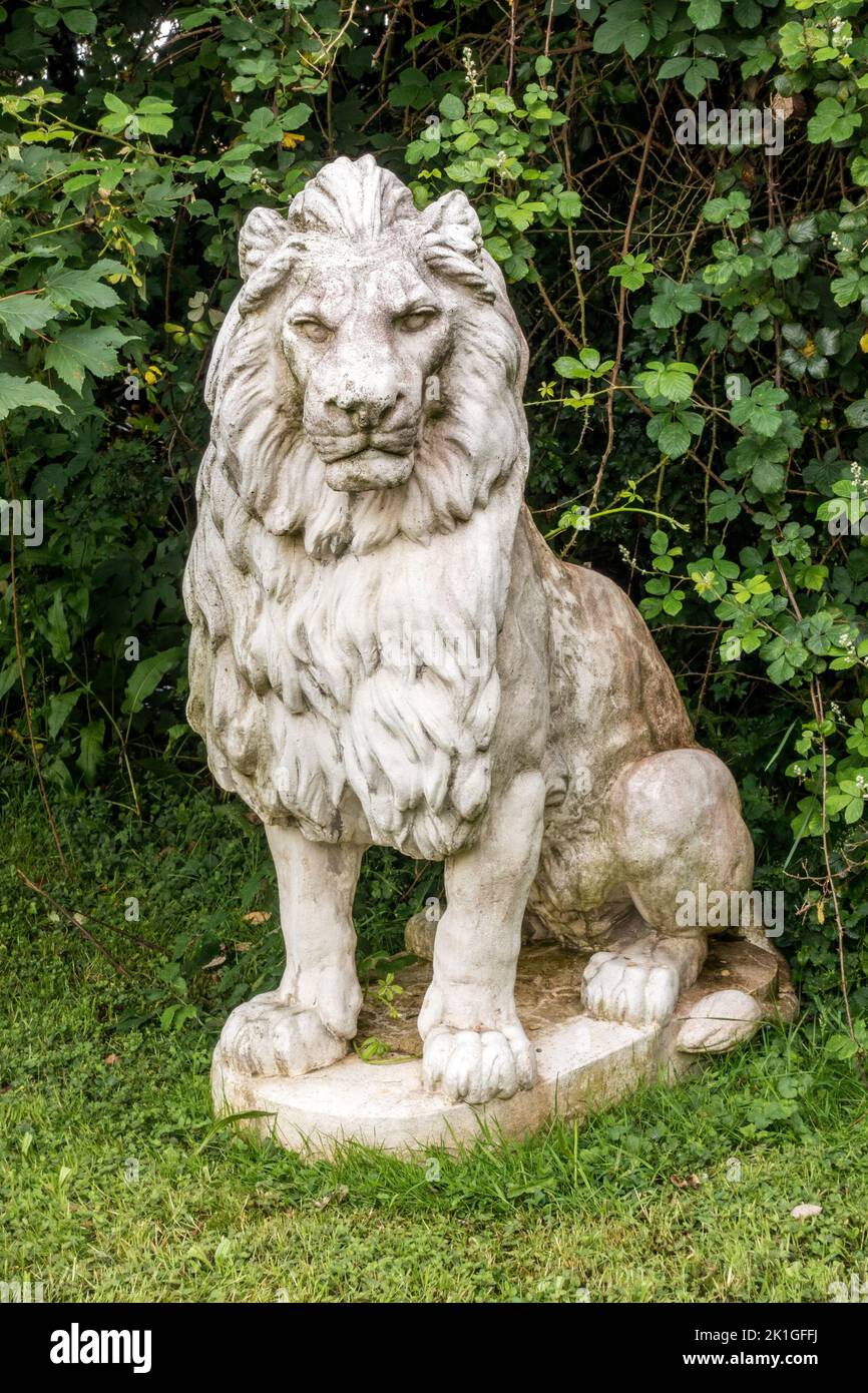 Ornamentale Statue des weißen Löwen im heimischen Garten mit grünem Laub dahinter, Großbritannien Stockfoto