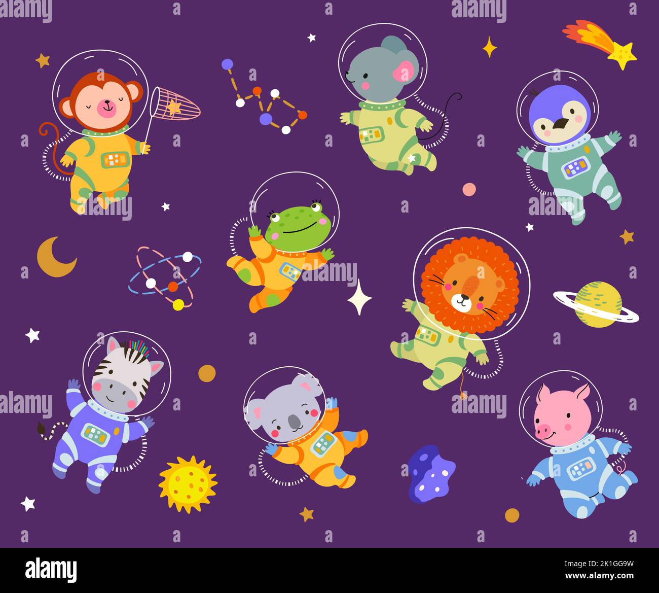 Cartoon Weltraumtiere Astronaut Anzüge fliegen mit Sternen und Planeten. Niedlicher Löwe, Affe und Koala. Lustige Cartoon nowaday Kinder Tier Vektor-Set Stock Vektor
