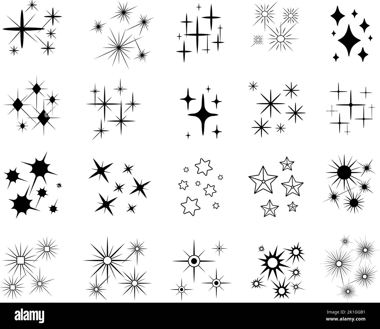 Shine Stars Formen Symbole. Win-Symbole, schwarzer Stern funkelt, weihnachtssticker-Design. Isolierte flache Funken, Vintage Magic dezente Vektorelemente Stock Vektor