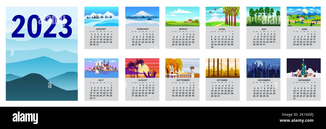 Kalender 2023 Landschaft natürliche Hintergründe von vier Jahreszeiten Stock Vektor