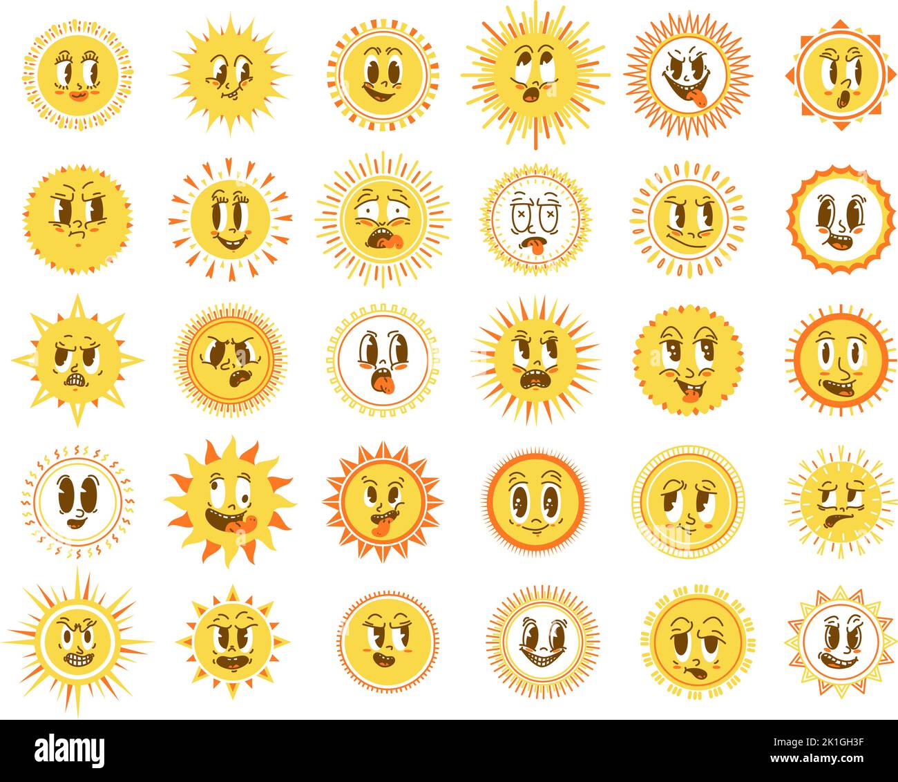 Sonne steht den Elementen gegenüber. Morgensonne, fröhliche niedliche Cartoon-Sonnen. Isolierte emotionale Frühling Sommer Zeichen, gelb lustig shässlich Vektor Grafik-Icons Stock Vektor