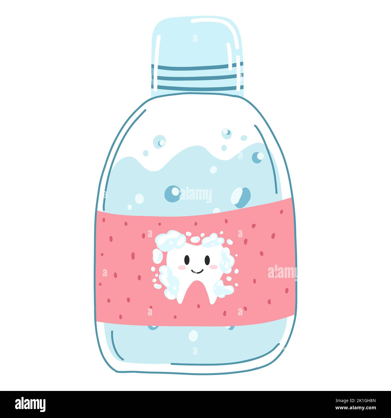 Handgezeichnete Mundspülflasche mit Kawaii-Zahn-Charakter in Cartoon-Flat-Stil. Vektordarstellung von Flüssigkeit zum Spülen des Mundes, Zahnpflegekonzept, o Stock Vektor