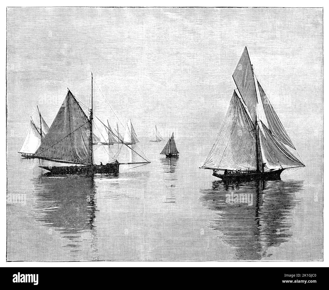 Vintage-Gravur von Yachten auf ruhigem Wasser mit dem Titel „Yachting on the Clyde“. Stockfoto