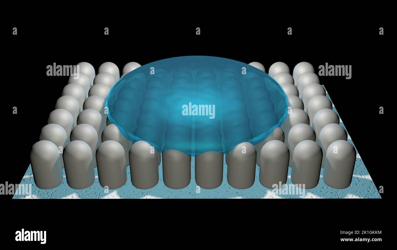 Hydrophobe Oberfläche. Wassertropfen auf superhydrophobes Material. 3D Rendering-Illustration Stockfoto