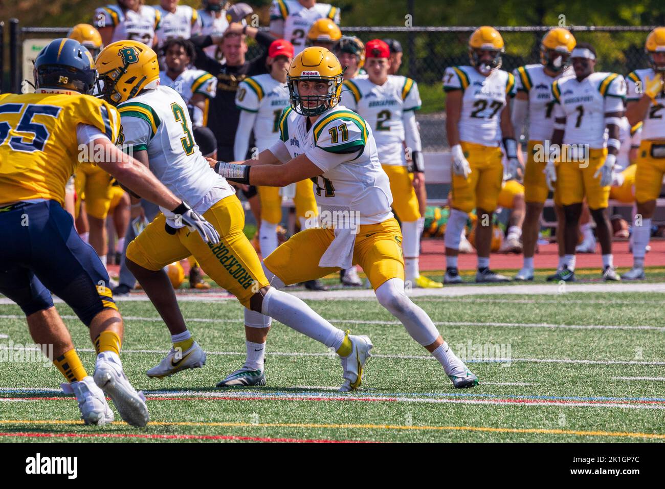 17. September 2022: SUNY Brockport Quarterback Todd Simmons (11) gibt den Ball gegen die University of Rochester ab. Die University of Rochester Yellow Jackets veranstaltete im Edwin Fauver Stadium in Rochester, New York, das Konferenzspiel A NCAA Division III Empire 8 von SUNY Brockport Golden Eagles. (Jonathan Tenca/CSM) Stockfoto