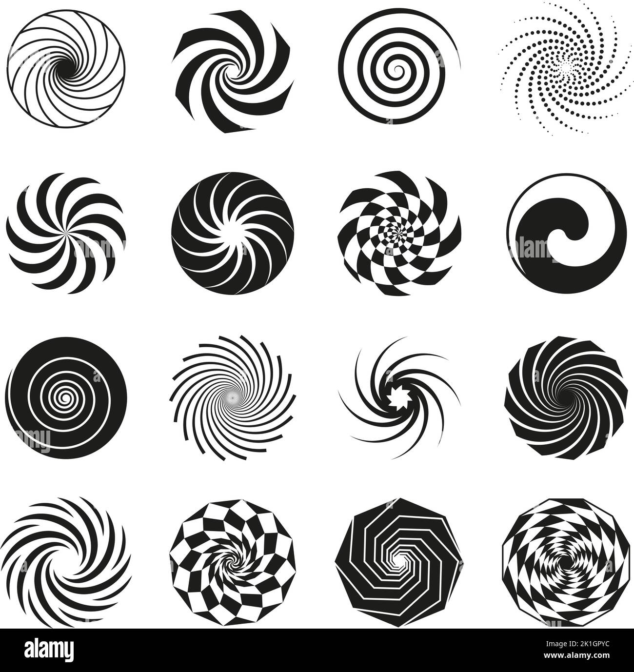 Schwarz wirbelt und spiraliert einfache grafische Elemente. Wirbelwind isolierte Ikonen, spiralförmige kreisförmige Formen. Wirbelnde abstrakte Hypnose aufgeräumtes Vektor-Design Stock Vektor