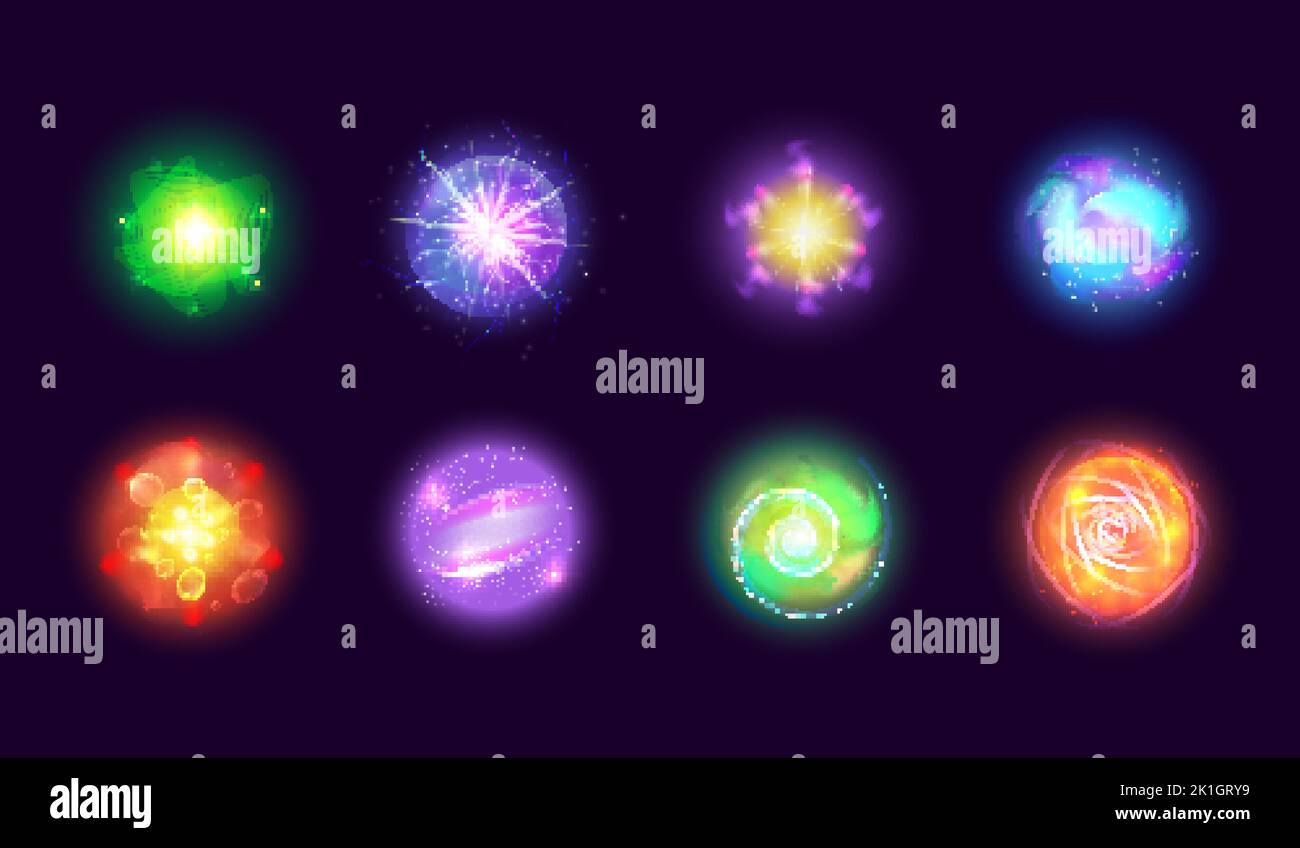 Glühen Sie Energiekugeln. 3D elektrische Kugel Burst Effekt magische Kugeln, Entladung Donner Kraft Farbe Flash Kristall Plasma Funke Fantasie mystische Kugel Blitz Photon Vektor Illustration von Licht Burst Kreis Stock Vektor