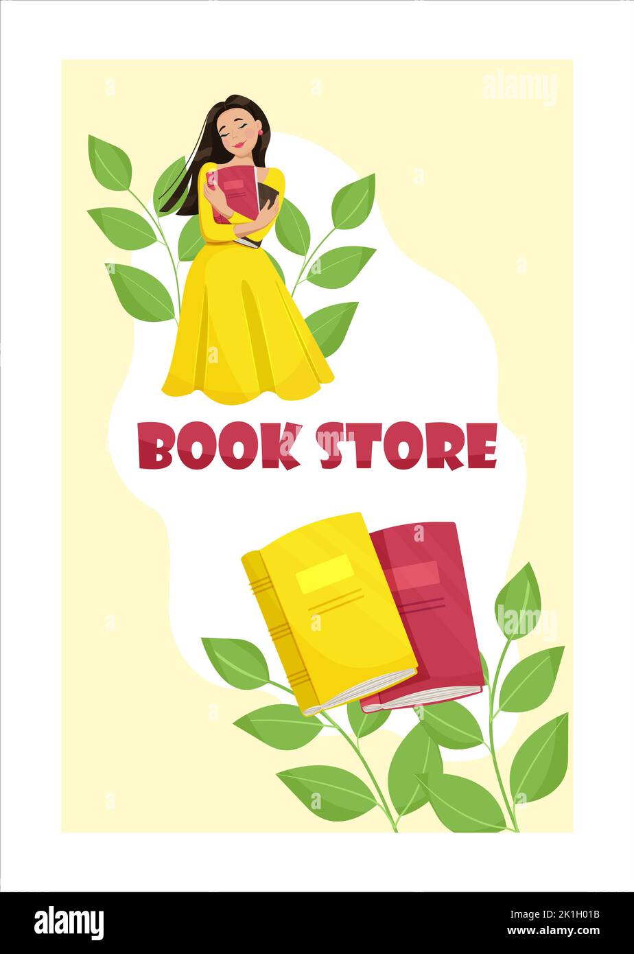 Glückliches Mädchen hält Bücher in den Händen Banner für Buchhandlung. Lesen Sie Bücher Konzept. Vektorgrafik im flachen Stil Stock Vektor