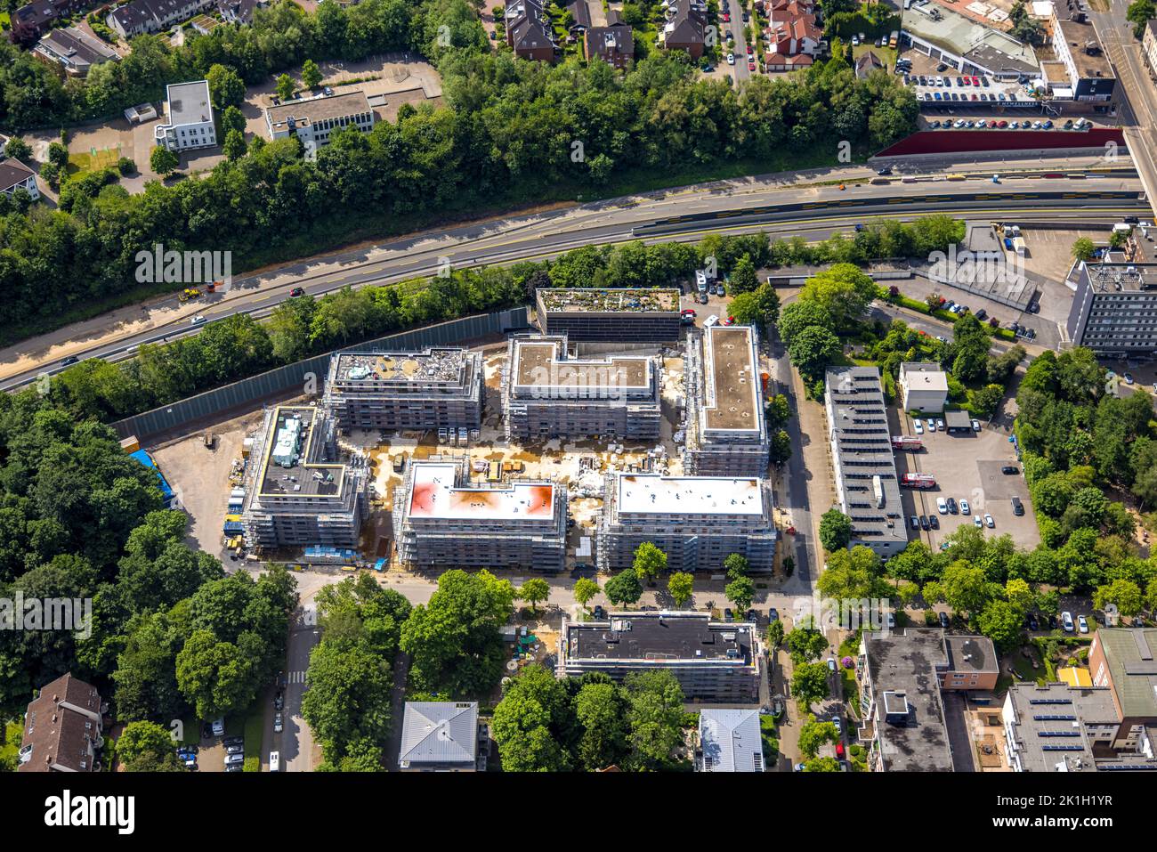 Luftaufnahme, Baustelle mit neuen Wohngebäuden Manfredstraße Ecke Ursulastraße auf dem ehemaligen Gelände der Spedition PaaS Esse Stockfoto