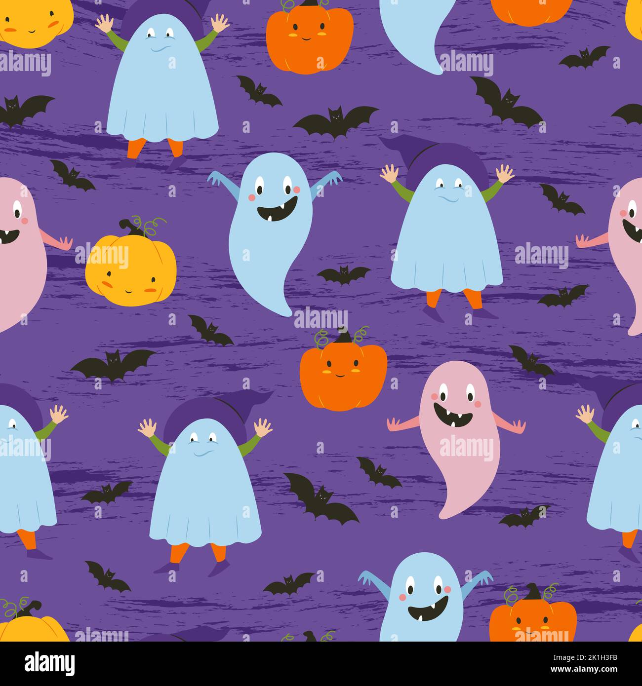 Halloween Geister. Kinder in Halloween Kostümen, Kürbisse. Flache Abbildung. Nahtloses Vektormuster Stock Vektor