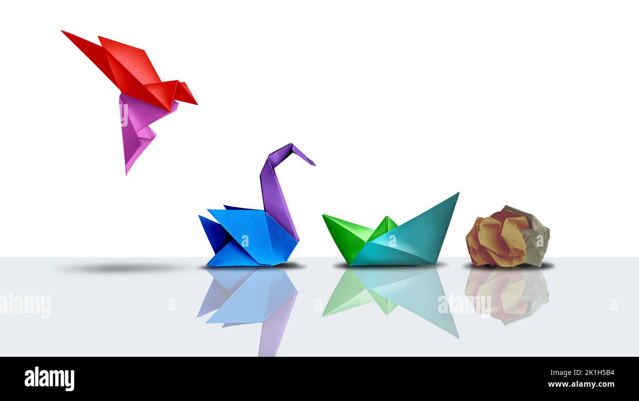 Scheitern und Verlust Transformation als rückständiges Symbol für Regression und regressives Konzept als fliegender heller Origami-Vogel rückläufig. Stockfoto