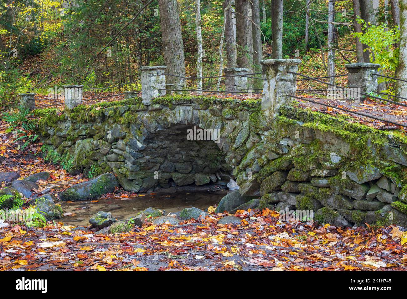 Foto einer alten moosigen Steinbrücke im Herbst Stockfoto