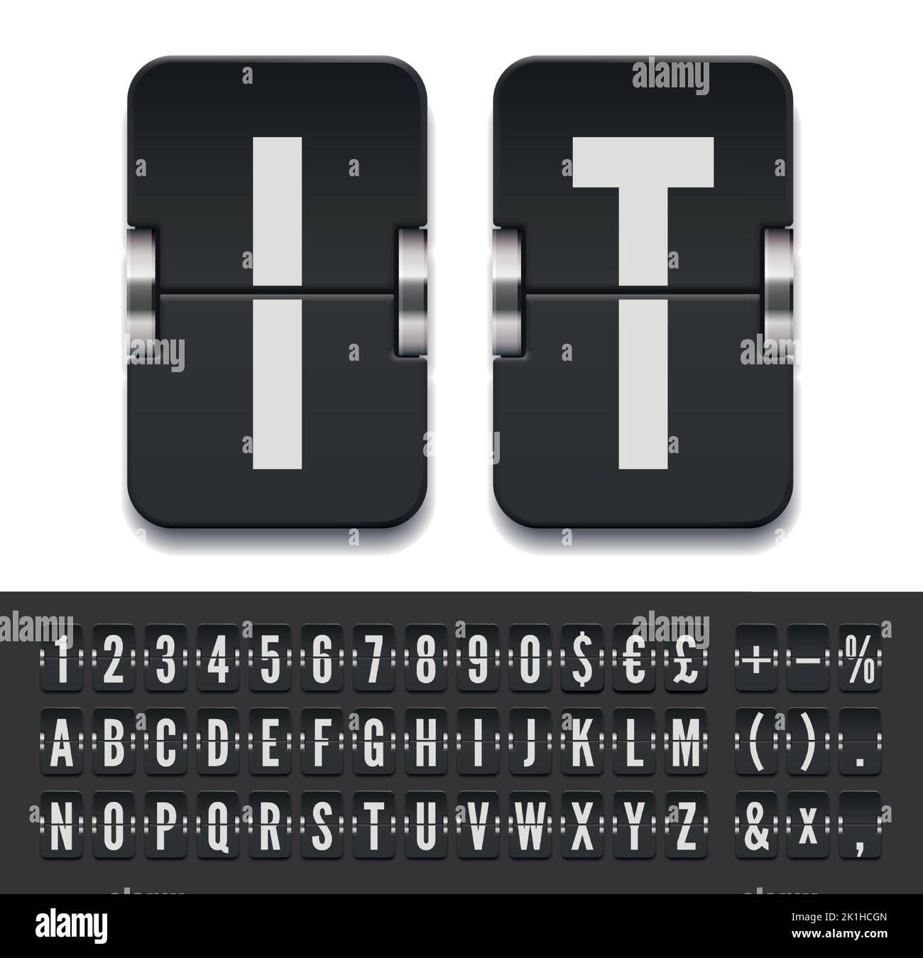 Flughafen-Flipboard mechanisch abc mit Zahlen und Symbolen für Flug