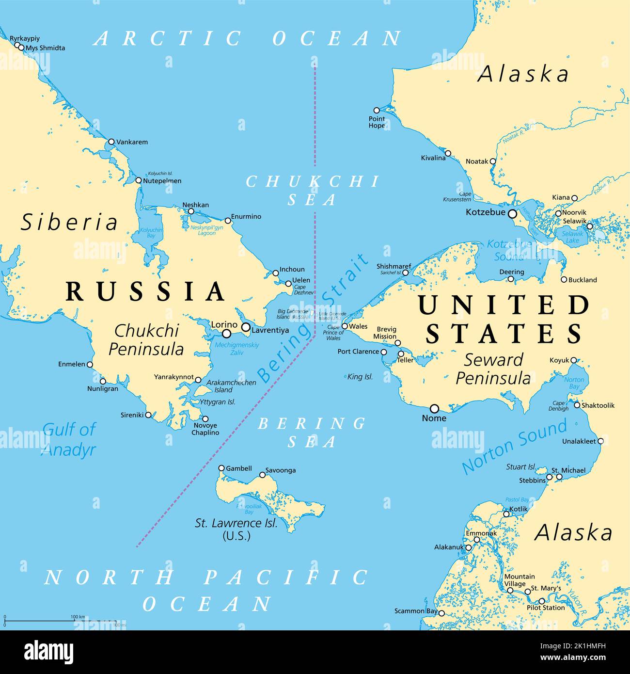 Bering Strait, politische Landkarte. Straße zwischen dem Nordpazifik und dem Arktischen Ozean, die Sibirien, Russland und Alaska, USA, trennt. Stockfoto