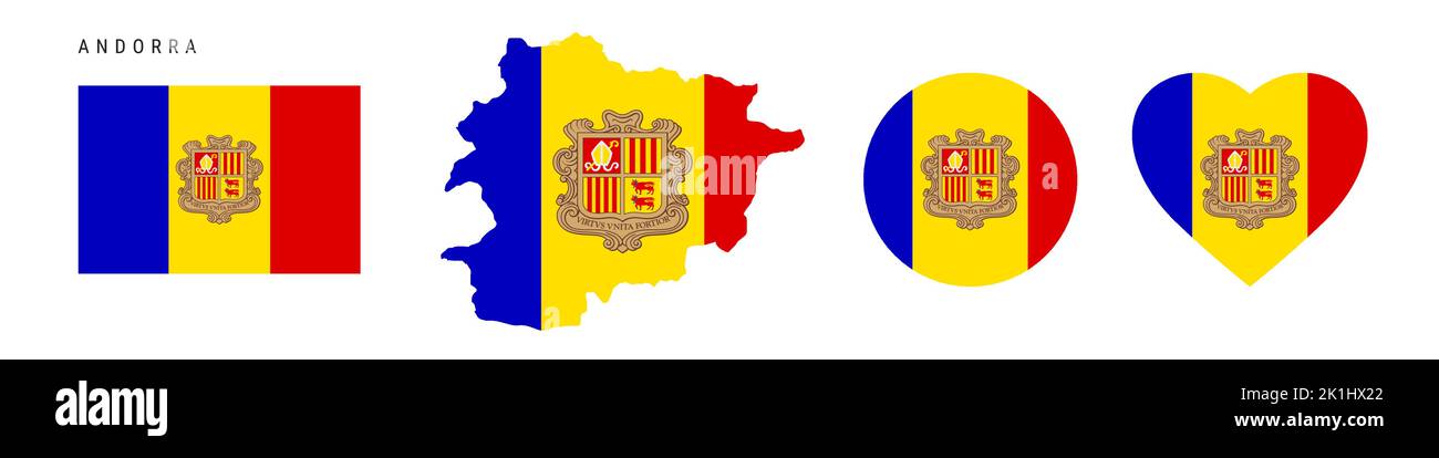 Symbol für Andorra-Flagge gesetzt. Andorraner Wimpel in offiziellen Farben und Proportionen. Rechteckig, kartenförmig, Kreis- und herzförmig. Flache Vektorgrafik Stock Vektor