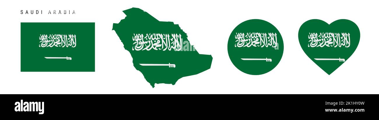 Symbol für Saudi-Arabien-Flagge gesetzt. Saudi-arabischer Wimpel in offiziellen Farben und Proportionen. Rechteckig, kartenförmig, Kreis- und herzförmig. Flacher Vektor il Stock Vektor