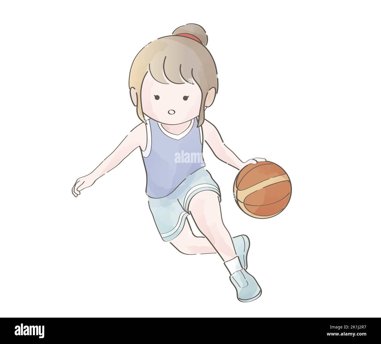 Aquarell Cute Girl Basketball Spielen. Vektorgrafik isoliert auf Weißem Hintergrund. Stock Vektor