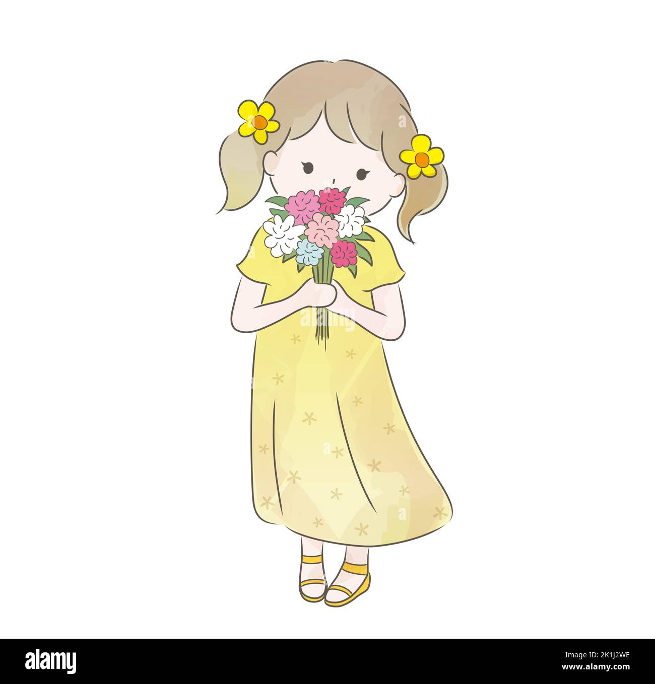 Ein süßes Mädchen hält Blumenstrauß. Vektor Aquarell Naive Illustration isoliert auf Weißem Hintergrund. Stock Vektor