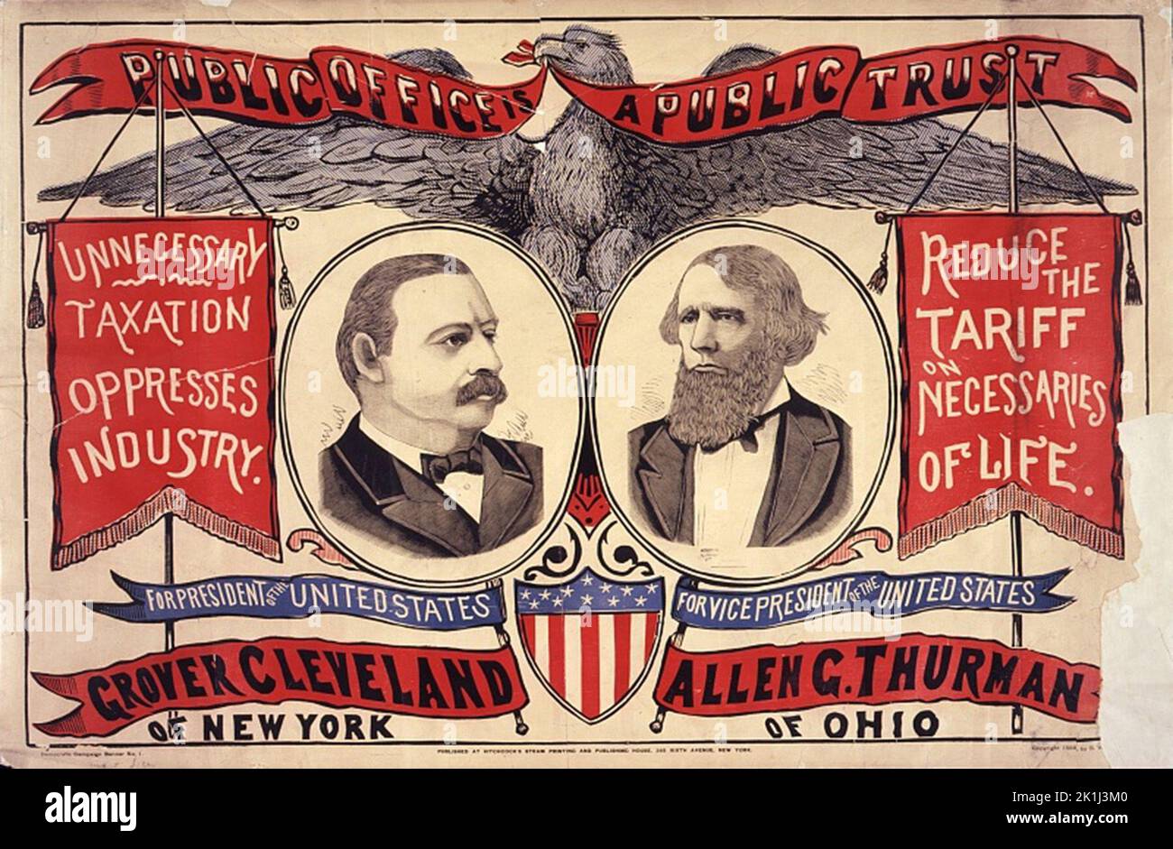 Ein altes Wahlplakat für Präsident Cleveland und den Vizepräsidenten der Vereinigten Staaten, Allen G. Thurman aus Ohio (1888). Stockfoto