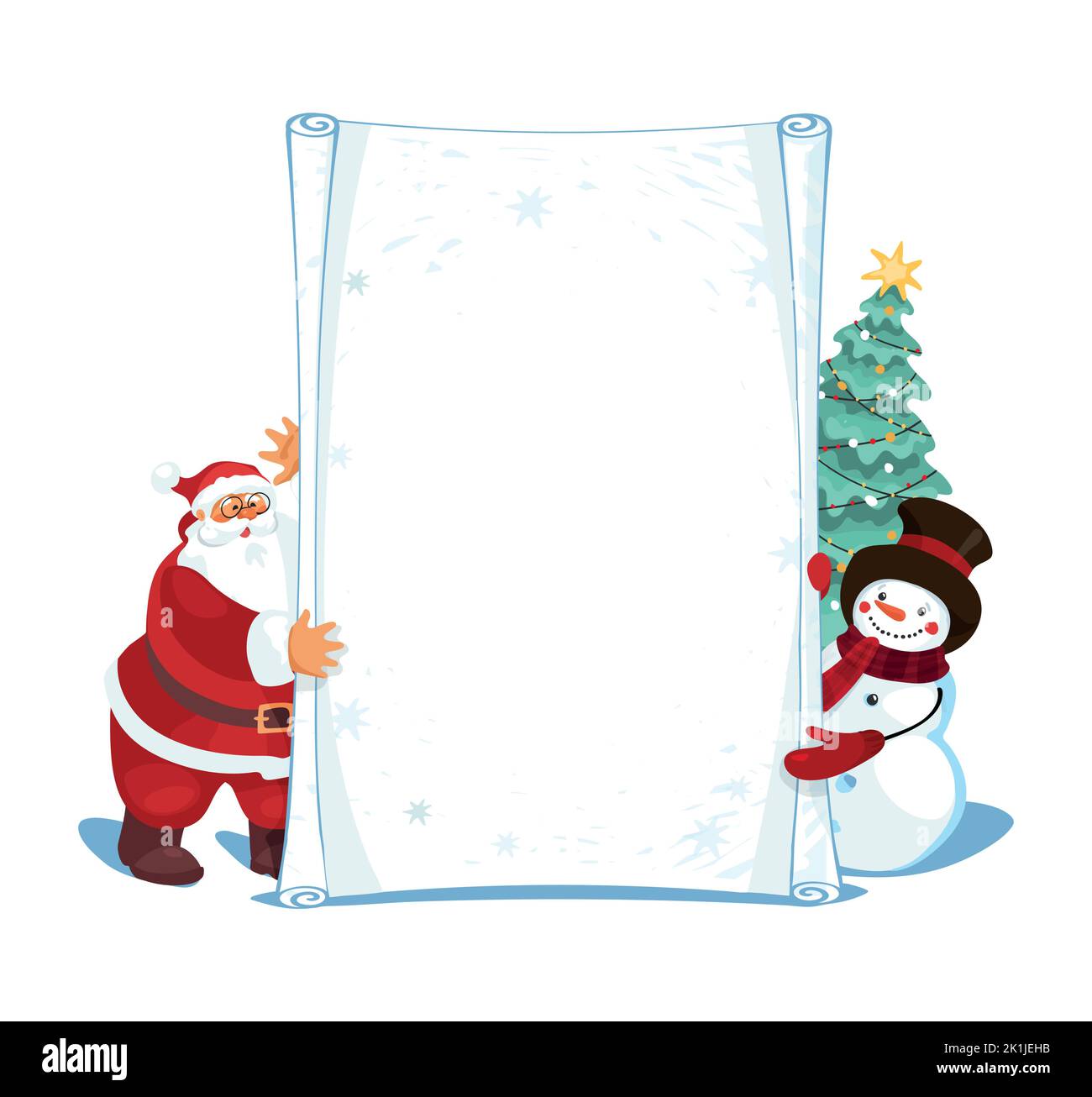 Weihnachtsmann und Schneemann halten ein Poster mit Platz für Text, Weihnachtsgrüße, Verkauf, Einladung. Niedliche Cartoon-Vektor-Zeichen für modernes Design Stock Vektor