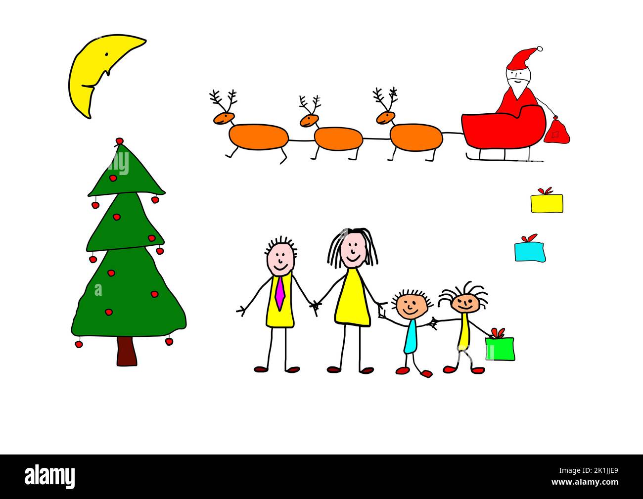 Weihnachtskonzept, gezeichnet von einem Kind. Der Weihnachtsmann kam mit seinem Rentierschlitten an und brachte der ganzen Familie Geschenke mit. Stockfoto