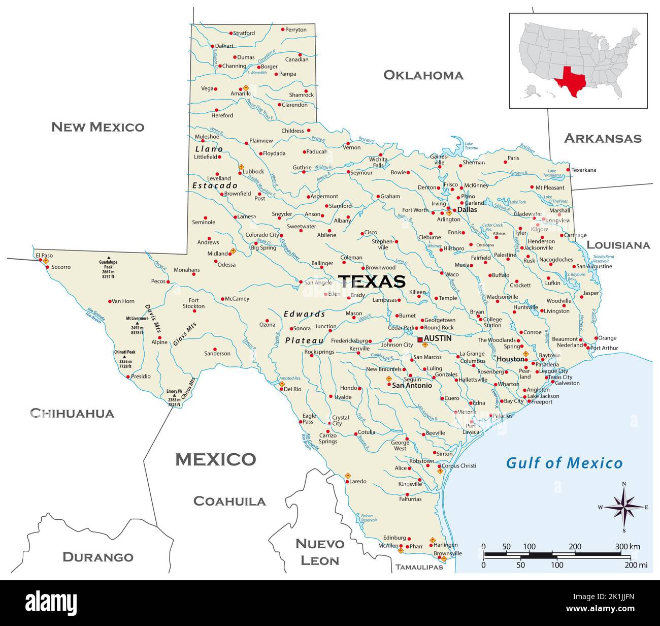 Sehr detaillierte physische Karte des US-Bundesstaates Texas Stockfoto