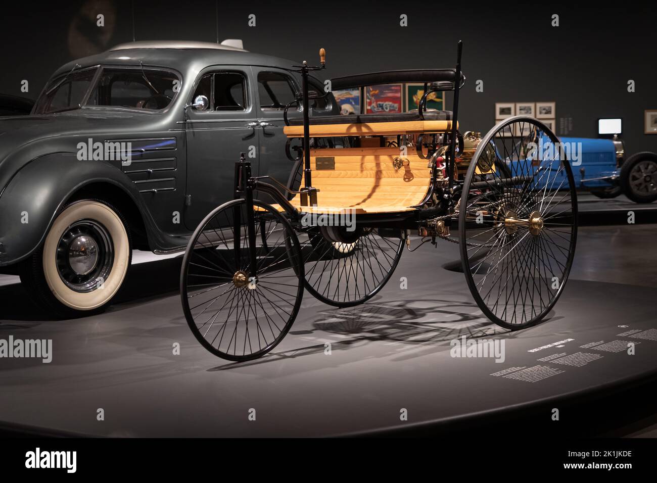 BILBAO, SPANIEN-10. SEPTEMBER 2022: 1886 Benz Patent-Motorwagen, das erste jemals hergestellte Auto Stockfoto