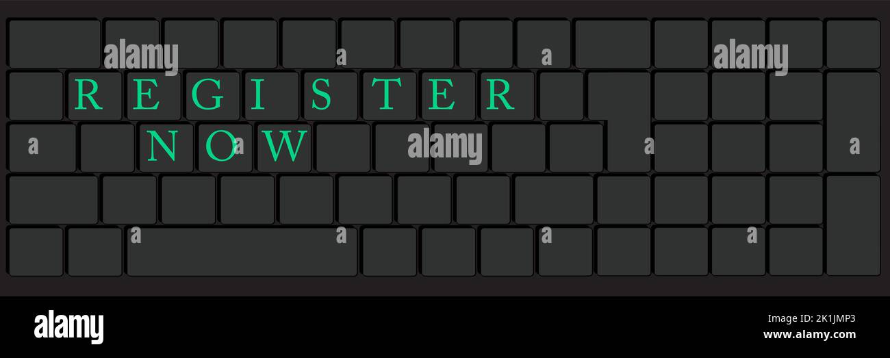 Computertastatur mit dem Text „Jetzt registrieren“. Nahaufnahme eines elektronischen Computergeräteteils, einer Tastatur. Stock Vektor