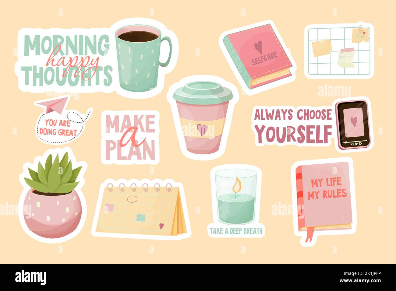 Legen Sie die wesentlichen Elemente der Selbstpflege für Studium, Ruhe und psychische Gesundheit in rosa Pastellfarben im Cartoon-Stil auf weißem Hintergrund isoliert. Bücher, Kaffeetassen, Notizbrett und Kalender, Telefon und Pflanze. Vektorgrafik Stock Vektor