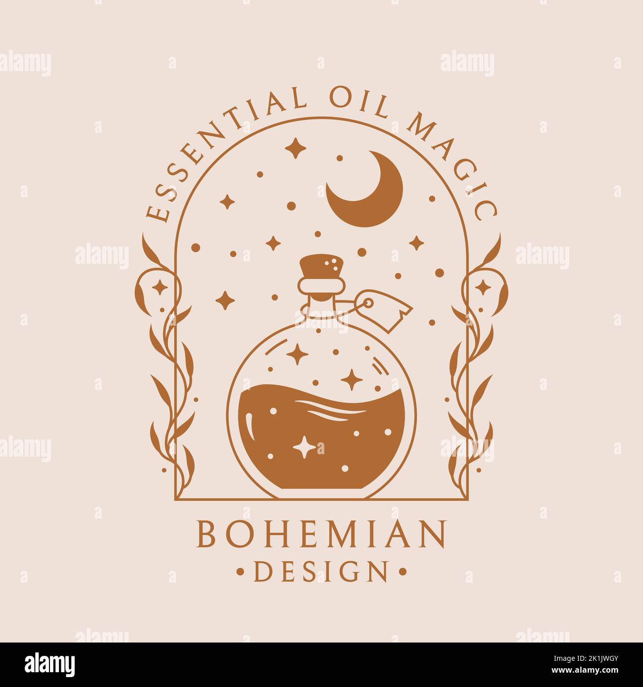 Logo-Vorlage für Zaubertrank. Vektor-Emblem für ätherische Öle, Aromatherapie, natürliches hausgemachtes Parfüm, botanische Heilung, Homöopathie, Usw. Stock Vektor