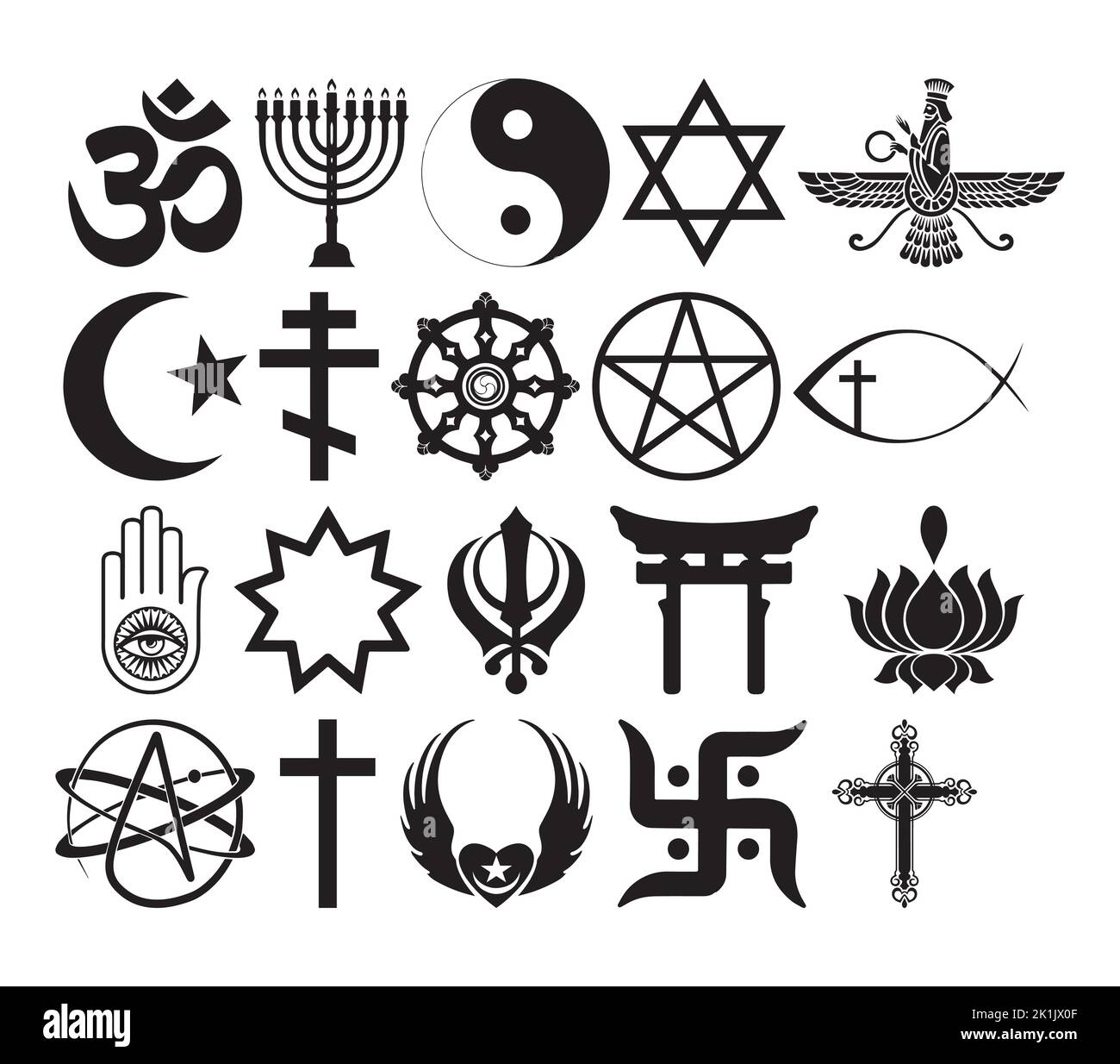 Vektor-Illustration der Welt religiösen und Glauben Symbole Clipart. Silhouette Zeichen Satz des Glaubens. Vektorgrafik Stock Vektor