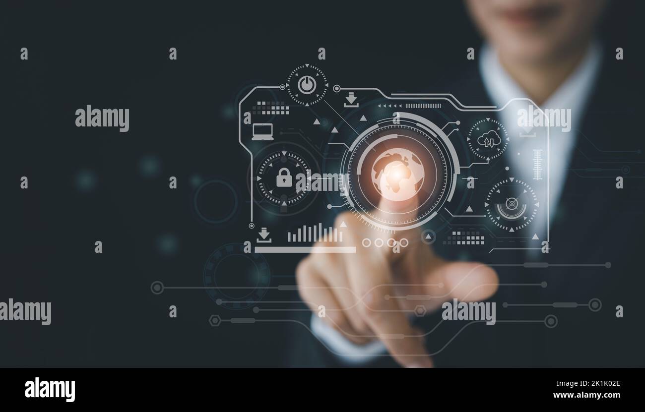 Business globale Internet-Verbindung Anwendung Technologie und digitales Marketing, Frau Hand hält virtuelle globale Internet-Verbindung Metaverse. Pr Stockfoto