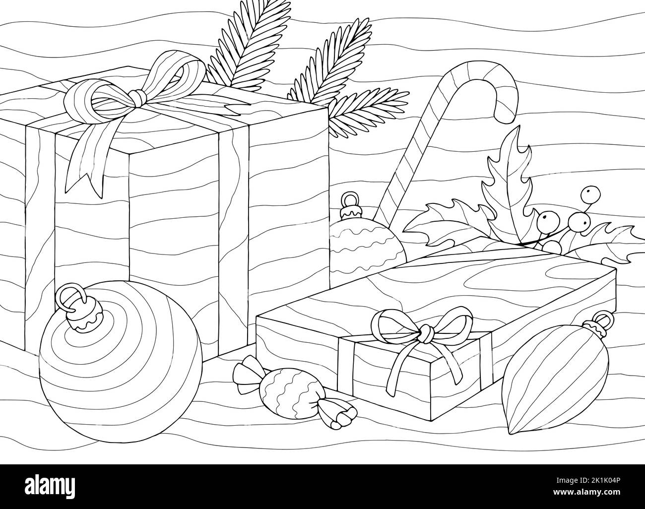 Weihnachten Set Malbuch Grafik schwarz weiß Skizze Illustration Vektor Stock Vektor