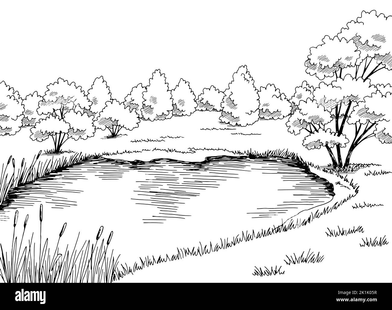 Teich Grafik schwarz weiß Landschaft Skizze Illustration Vektor Stock