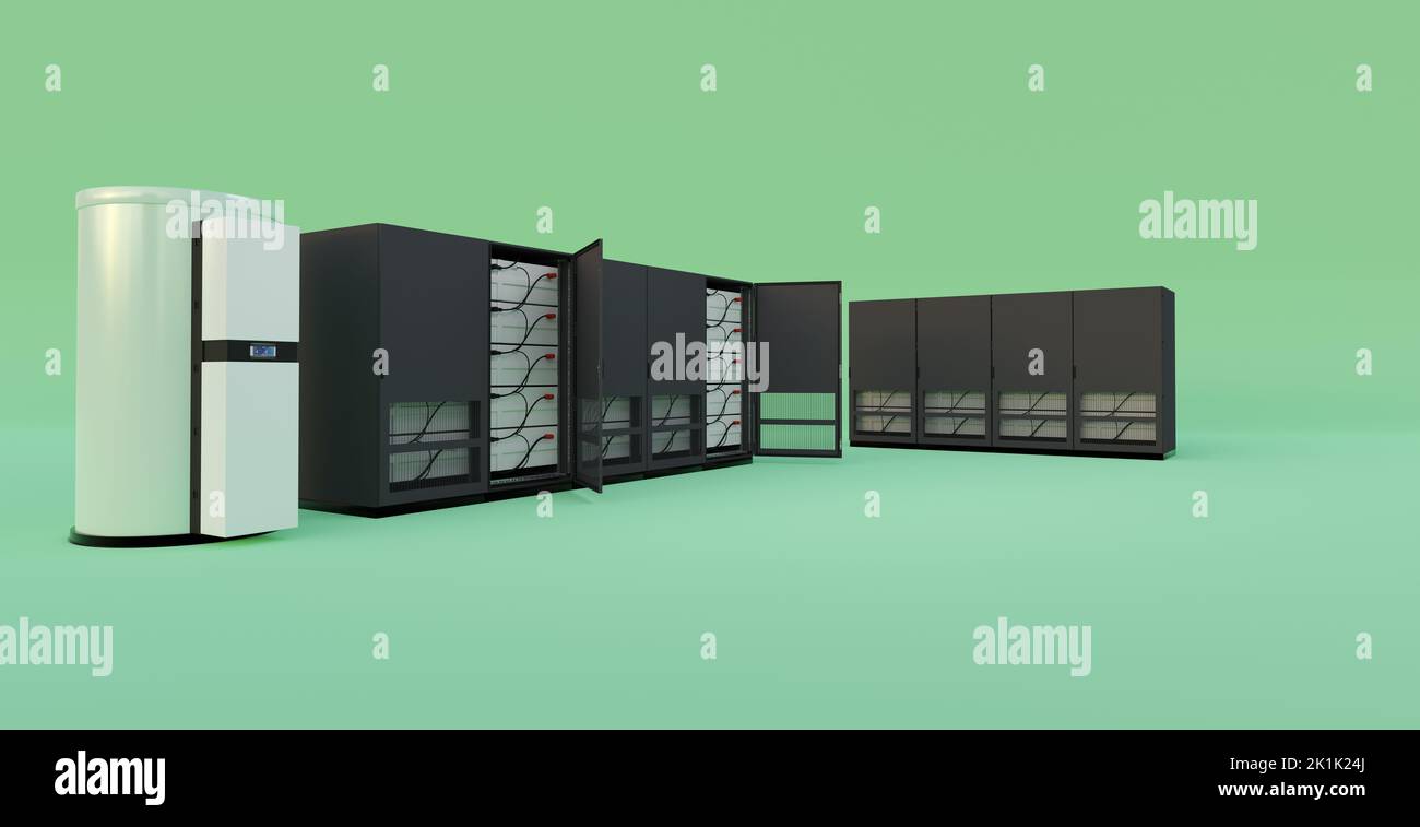 Ein moderner Batteriespeicher für kleine Unternehmen, Abbildung 3D Stockfoto