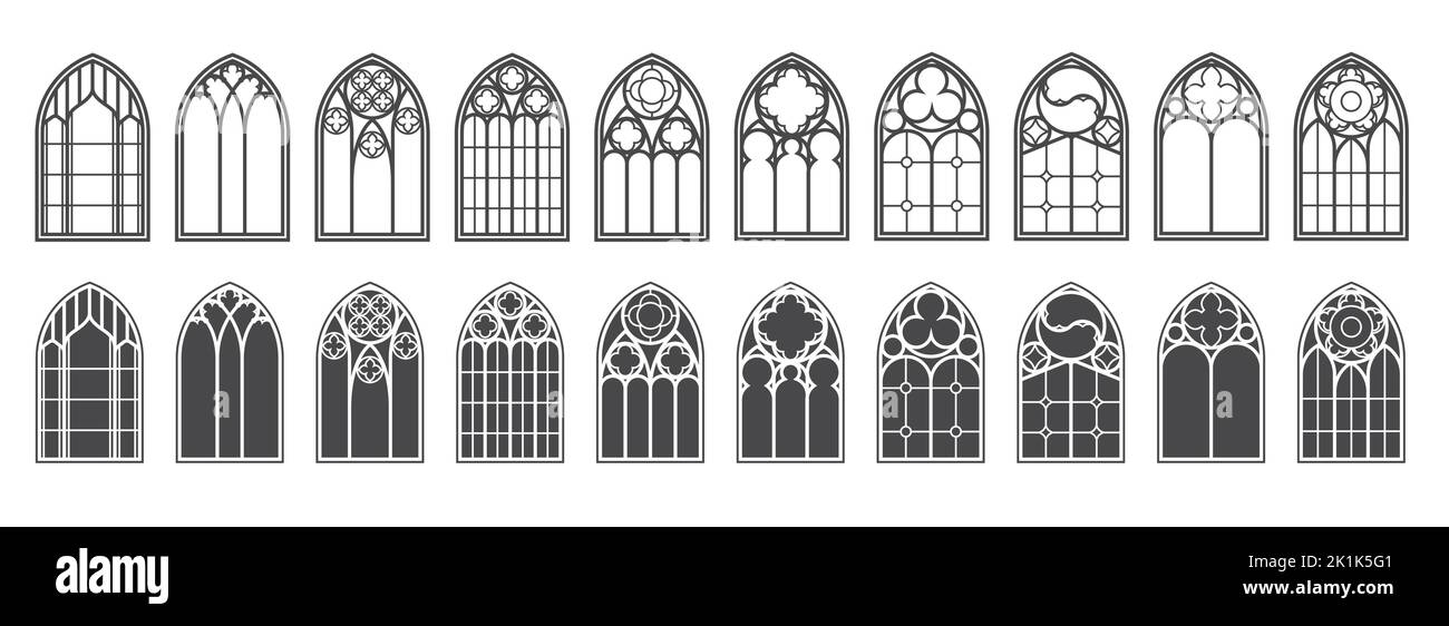Kirchenfenster gesetzt. Silhouetten von gotischen Bögen in Linie und Glyphe klassischen Stil. Alte Kathedralenglasrahmen. Mittelalterliche Inneneinrichtung. Vektor Stock Vektor