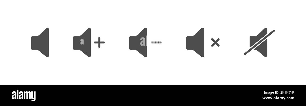 Lautstärkesymbol. Klangregler. Ein Satz von Symbolen für die Lautstärke- und Steuerschnittstelle. Durchflutete Silhouette, flacher Style. Stock Vektor