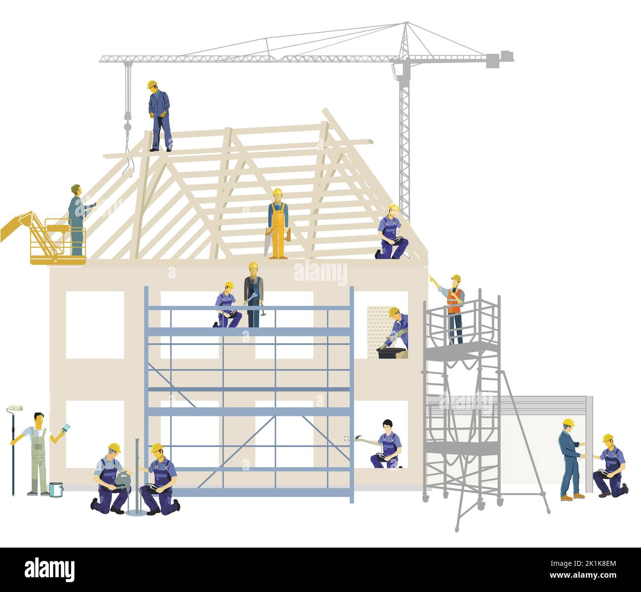 Handwerker und Baumeister renovieren ein Haus, isoliert auf weiß, Illustration Stock Vektor