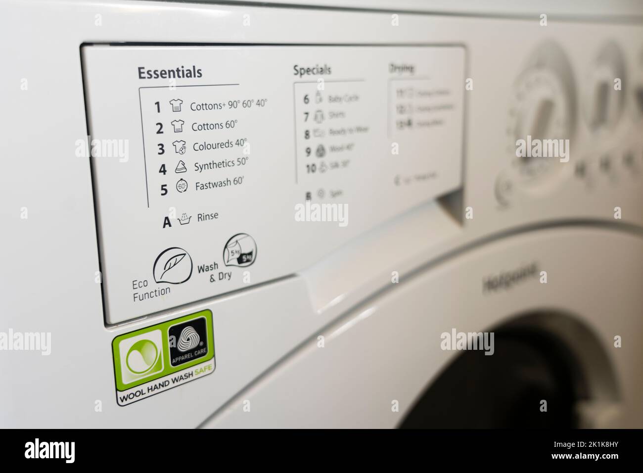 Nahaufnahme der Tasten und Drehregler einer Waschmaschine. Konzept - Wäsche waschen, Energie sparen, Strompreis, Spitzennachfrage, Energieeffizienz Stockfoto
