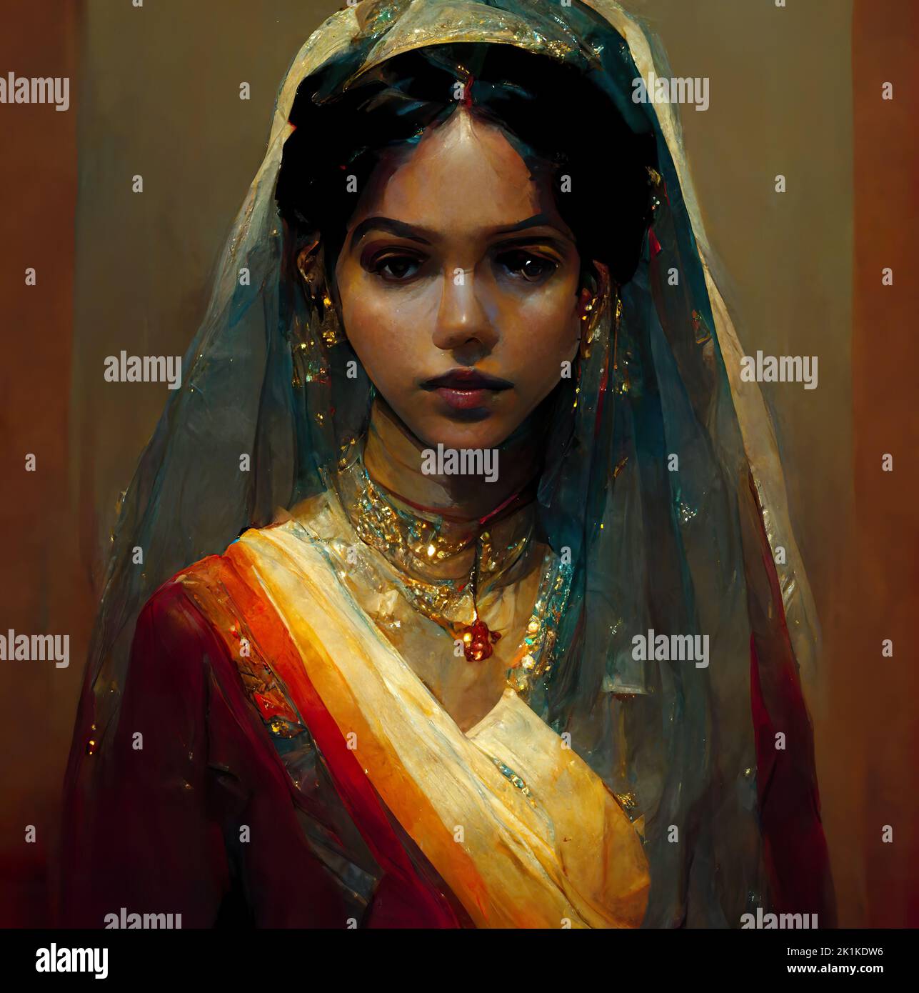 Digital generiertes konzeptuelles Porträt einer indischen Braut in einem traditionellen Hochzeitskleid Stockfoto