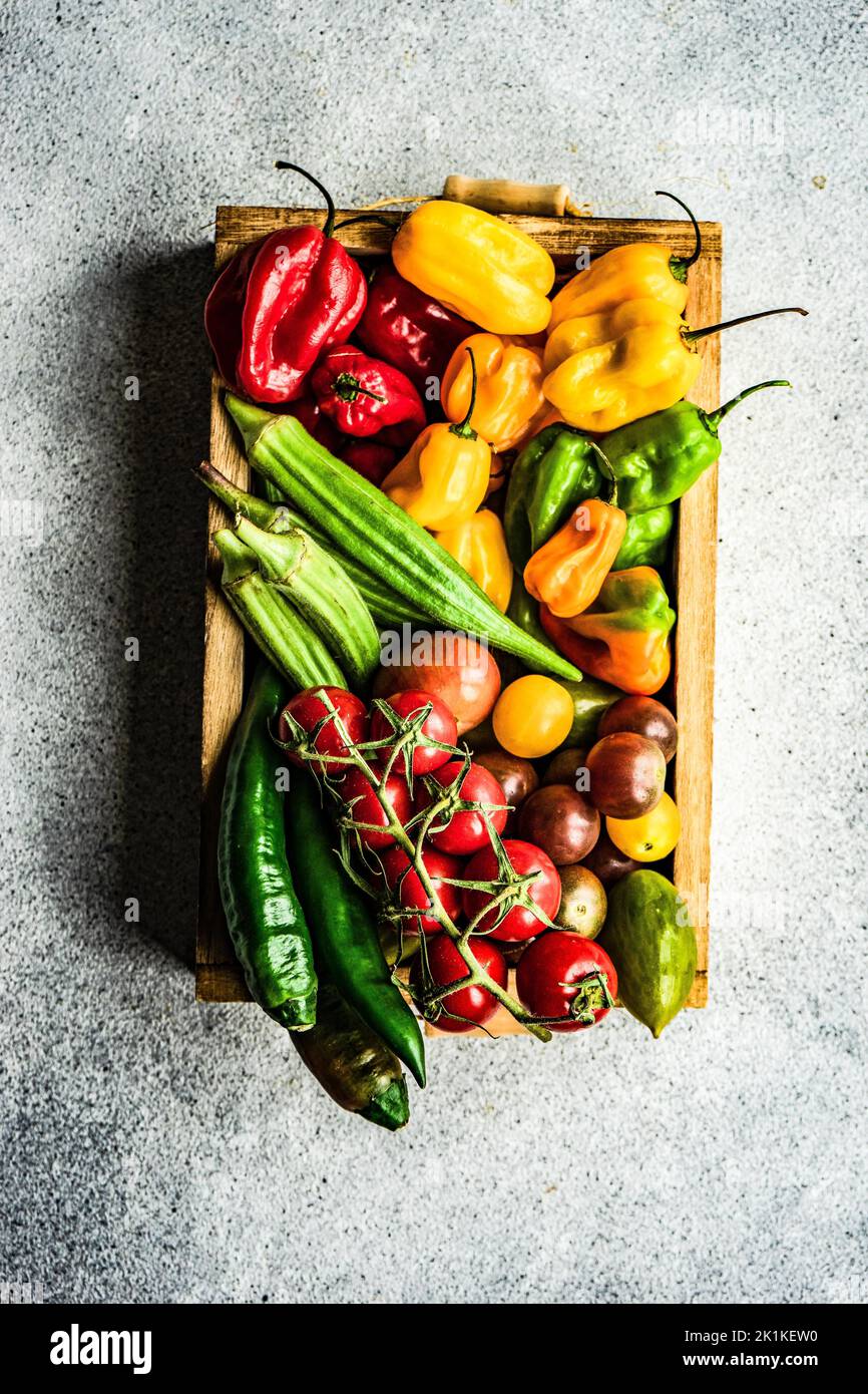 Ansicht von oben auf eine Holzkiste mit Kirschtomaten auf der Rebe, Okra, roten, grünen und gelben Chilischoten gefüllt Stockfoto