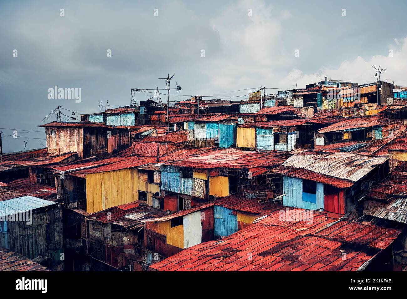 Digital generiertes Bild von behelfsmäßigen Hütten in einem von Armut betroffenen Slum Stockfoto