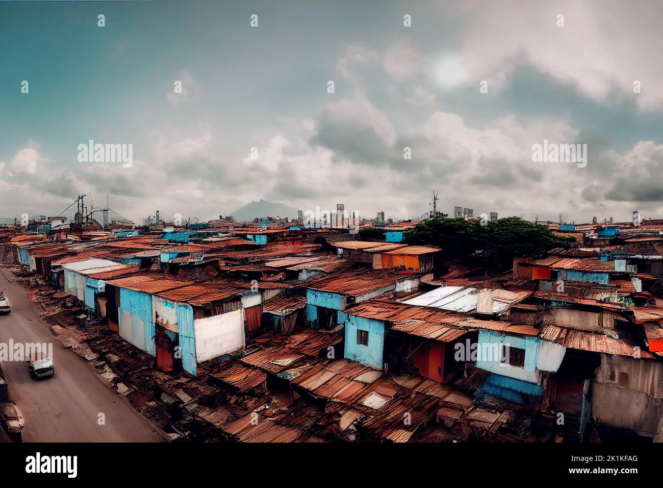 Digital generiertes Bild von behelfsmäßigen Hütten in einem von Armut betroffenen Slum Stockfoto