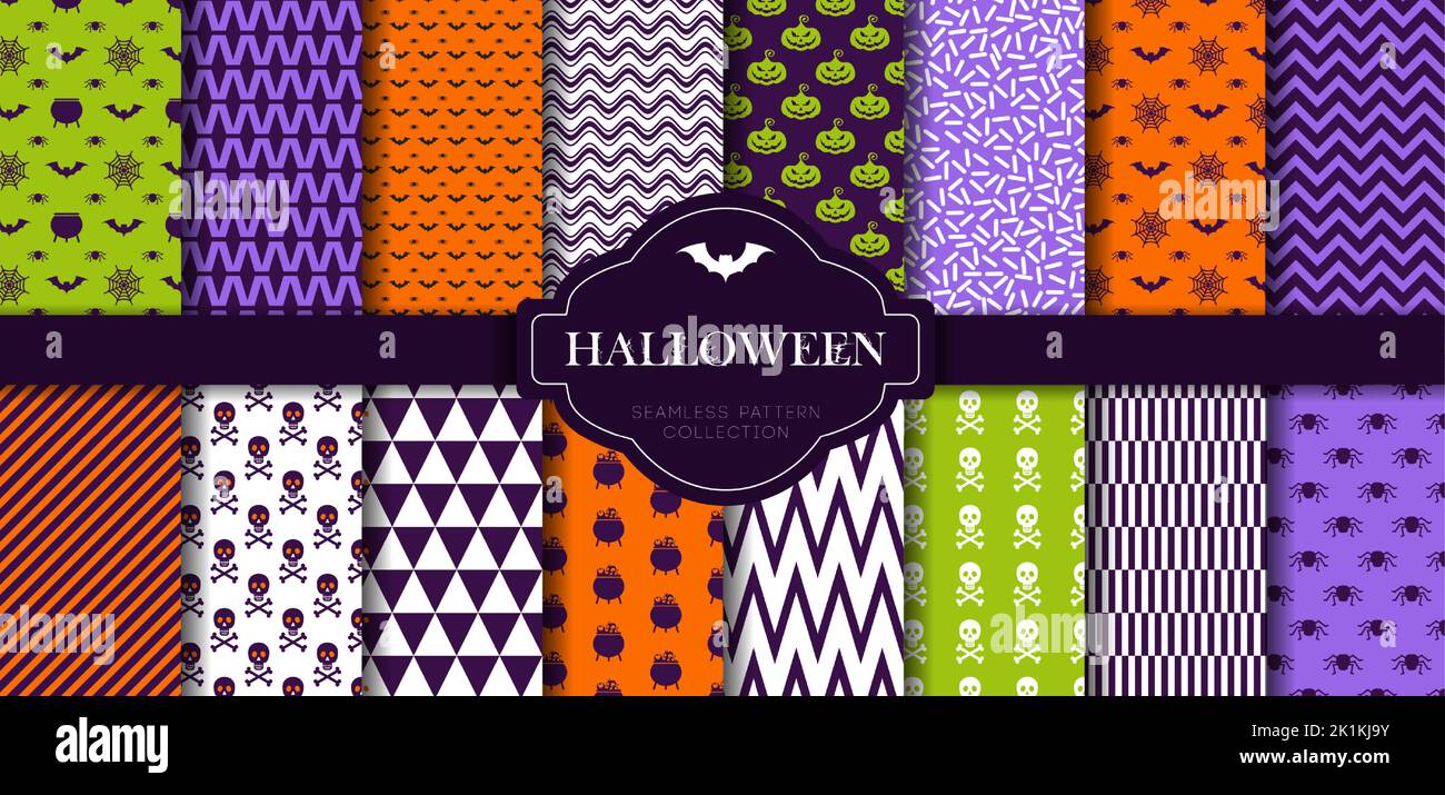 Halloween nahtlose Muster Set. Flache Vektorsymbole in Farbe Stock Vektor