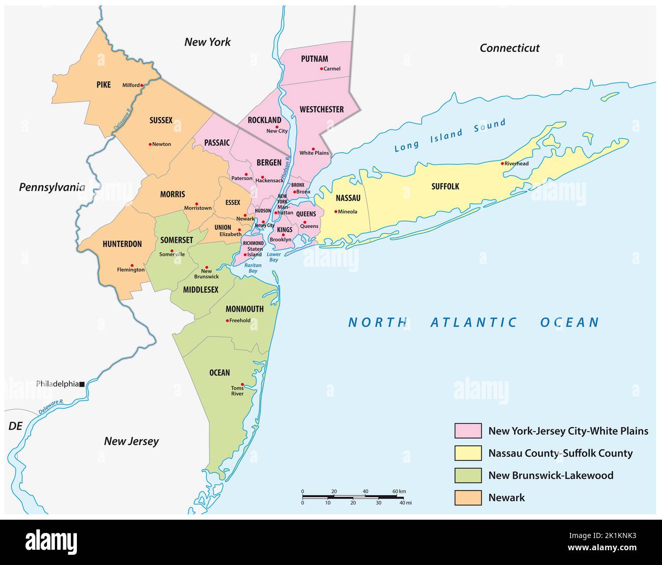 Karte der Grafschaften in den vier Bezirken der Metropolregion New York Stockfoto