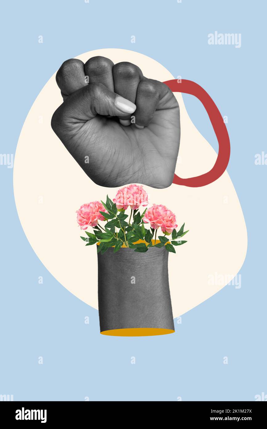 Kreative Foto 3D Collage Poster Postkarte Kunstwerk von menschlichen Arm Faust schwarz weiß Gamma Rechte Protest isoliert auf Zeichnung Hintergrund Stockfoto
