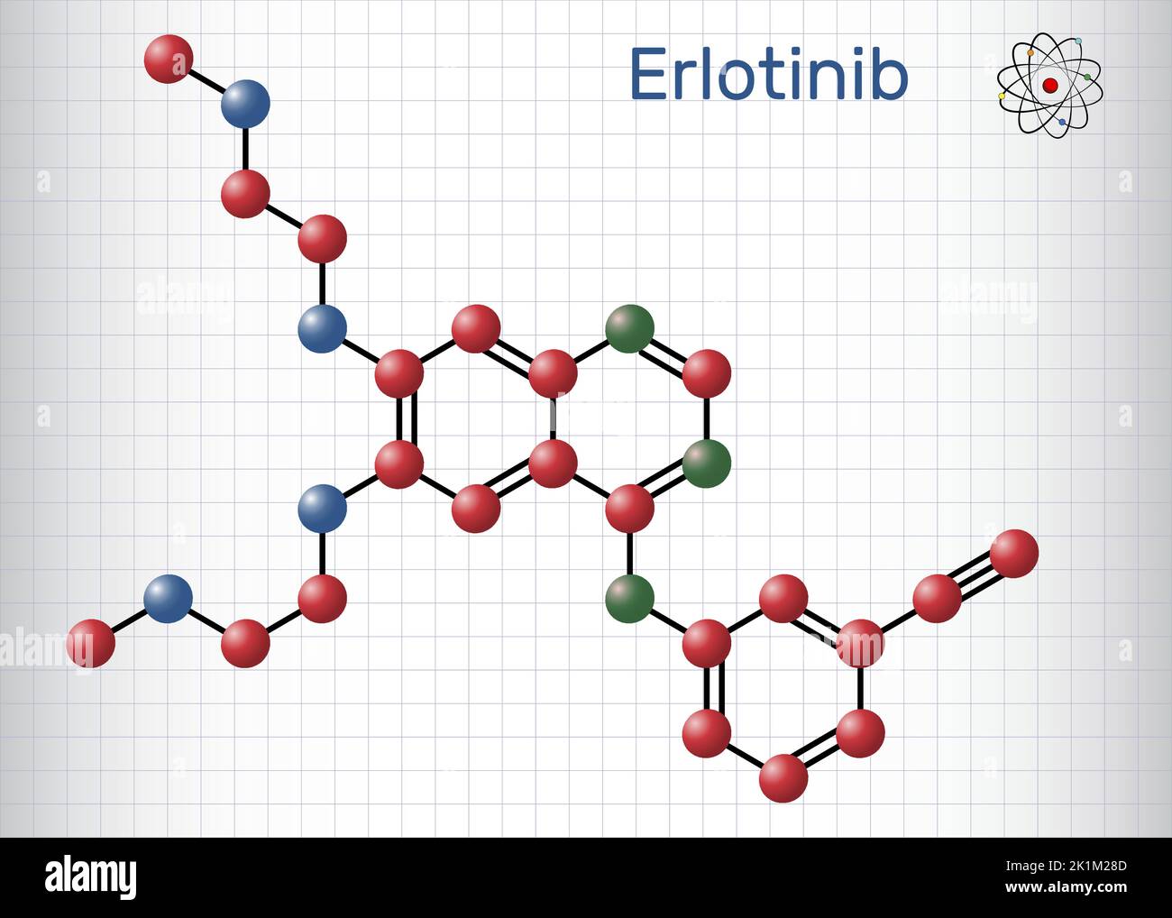 Erlotinib-Medikamentenmolekül. Es wird zur Behandlung von Lungenkrebs verwendet. Strukturformel, Molekülmodell. Blatt Papier in einem Käfig Stock Vektor
