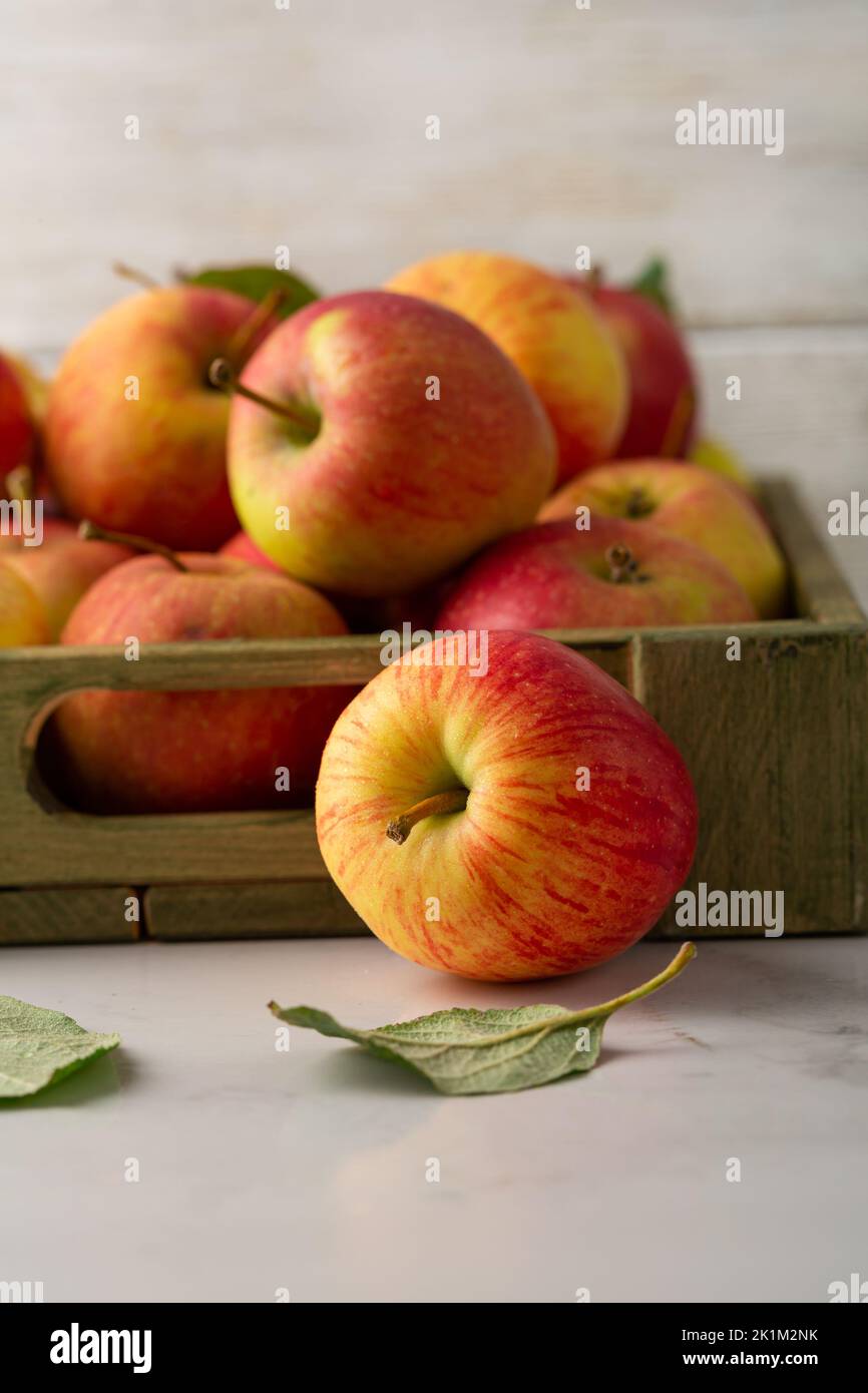 Nahaufnahme von gelben und roten Äpfeln in Kiste auf leichter Oberfläche Konzept der Lebensmittelernte Stockfoto