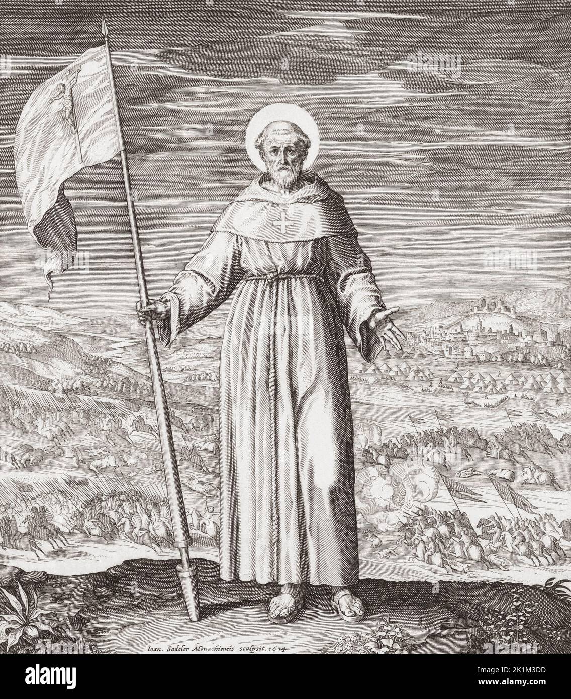 Johannes von Capistrano (italienisch: Giovanni da Capistrano), 1386 – 1456. Italienischer Franziskanerpriester. Nach einem Druck von Johannes Sadeler aus dem 17.. Jahrhundert. Stockfoto