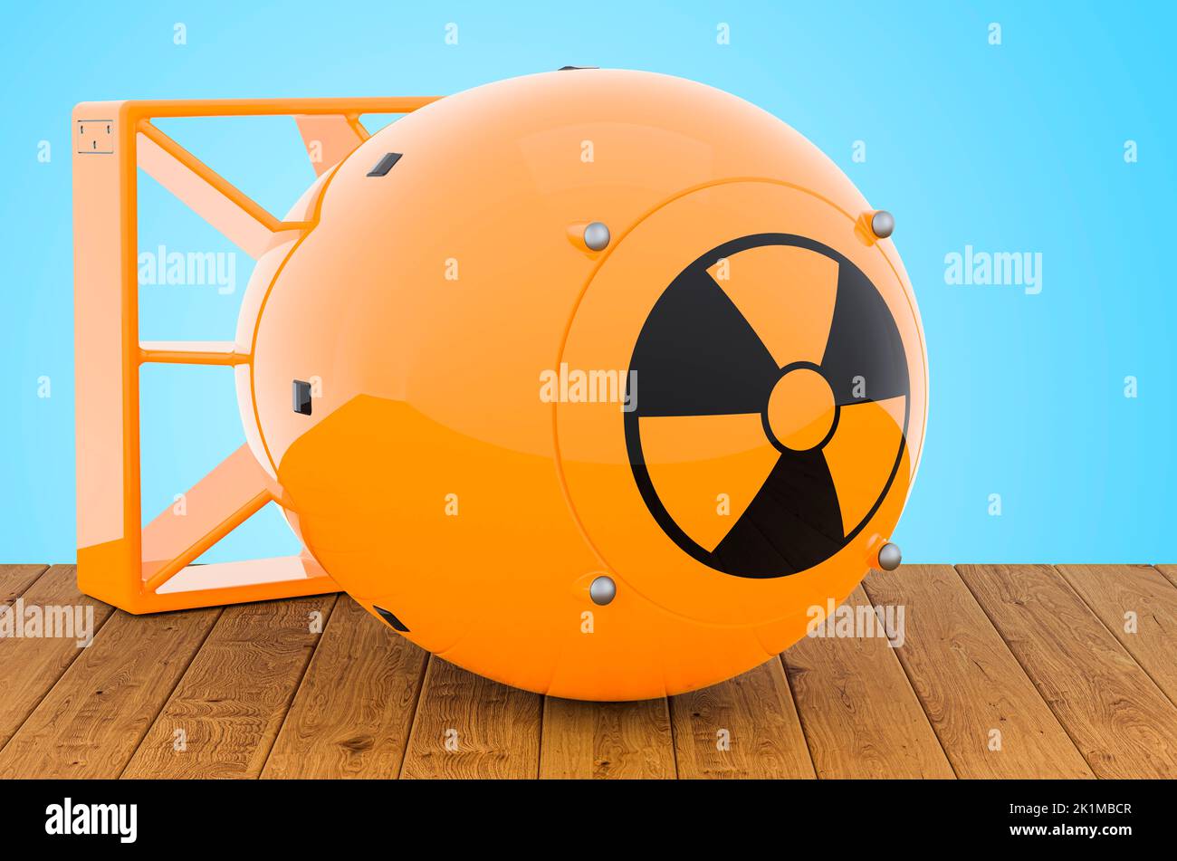 Atombombe auf den Holzplanken, 3D Rendering Stockfoto
